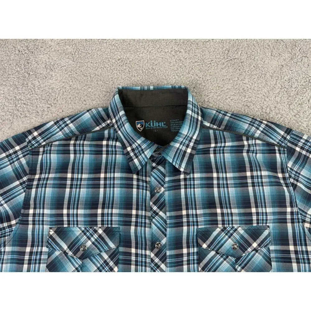 Kuhl Shirt Mens Large Eluxur Blue Plaid Short Sleeve Pearl Snap Western_2